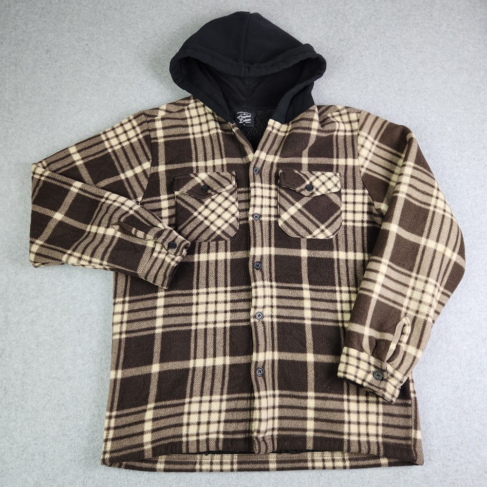 Original Deluxe Shirt Jacket Mens S Brown Plaid Hooded Sherpa Lined Button Front